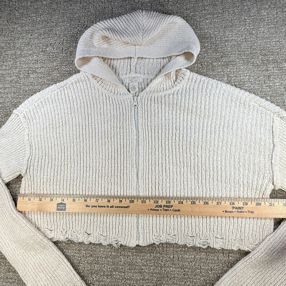 Full Tilt Cropped Knit Hoodie Sweater Womens M Ivory Zip Up Distressed Hem Y2K - Picture 10 of 11
